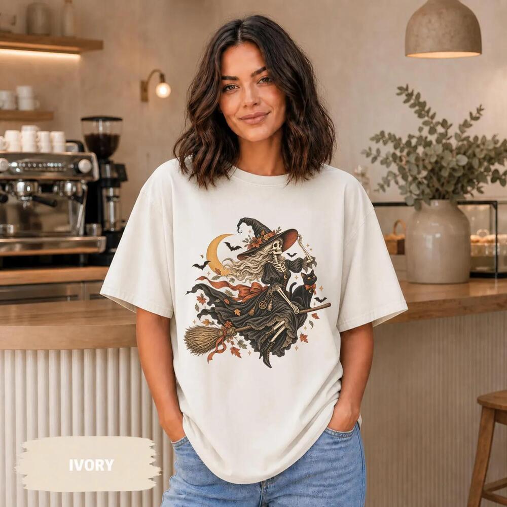 Halloween Witch Skeleton Shirt, Gothic Witchy Black Cat Tee, Autumn
